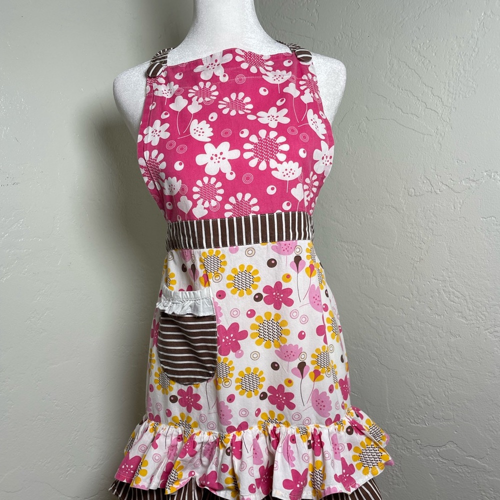 Le Marche Apron Tablier Floral Pink Brown with Brown Stripes One Size Fits All